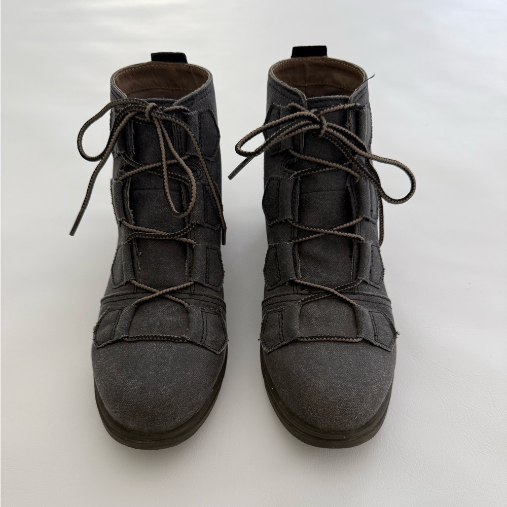 Sorel Major Lace Up Ankle Boot Wedge Gray Canvas Leather NL2163-010 Womens 8